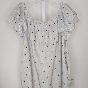 Striped Off-Shoulder Dress with Floral Accents